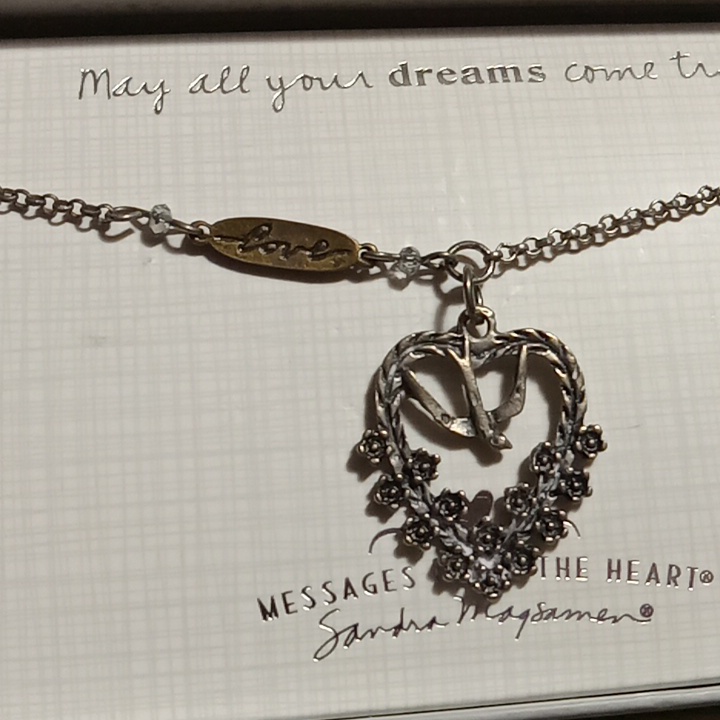 Sandra Magsamen Antiqued Silver Heart Dove Necklace